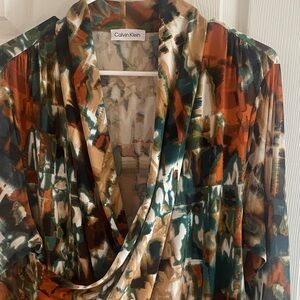 XL Calvin Klein long sleeve   Multicolored Plus Abstract Draped V-Neck Blouse